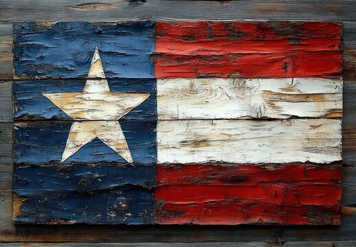 Rustic wooden panel painted with a worn and weathered design featuring one large white star on a blue background and horizontal red and white stripes - Powered by Adobe