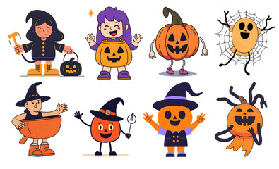 Cute Halloween Witches Pumpkins Ghosts Cartoon Characters Clipart Illustration