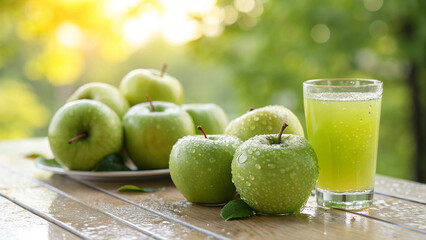 Green Apples and apple juice on white surface with water drop in natural warm sunlight background