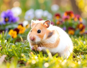 A hamster sits amidst vibrant flowers in a garden, enjoying a snack