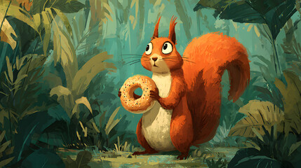 mischievous squirrel making off with a giant donut in forest background symbolizing food bandit wildlife humor snack stealing and playful animal behavior with funny character00