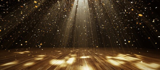 Radiant celebration with shimmering gold confetti cascading down onto a wooden stage