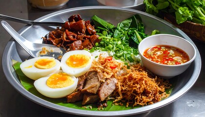 A vibrant assortment of boiled eggs, savory meats, and crunchy noodles are presented on a metal platter, accompanied by a flavorful dipping sauce.