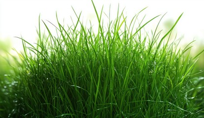 Obraz premium Close-up view of fresh, vibrant green grass blades with dew drops, glowing softly against a bright white background evoking freshness and natural vitality