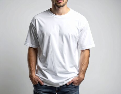 Front view of a casual, comfortable men's white t-shirt on a model, showcasing minimalist style and blank apparel for custom design or everyday wear. Perfect for fashion, branding, or template use