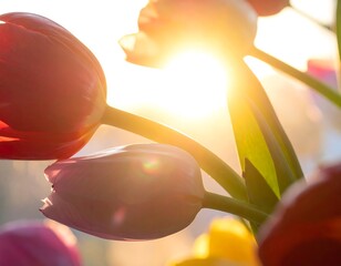 Colorful tulips bathed in warm sunlight, a close-up view showcasing vibrant hues and gentle light.