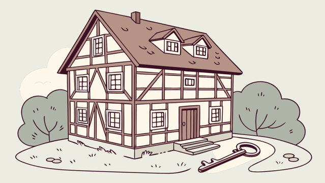 Cartoon half timbered house with key on the lawn illustration for real estate and home ownership