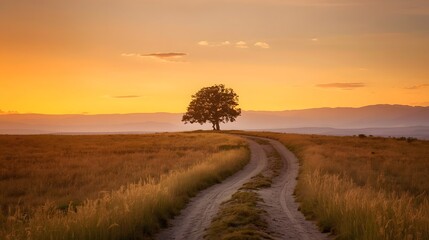 Scenic rural dirt road leading through golden fields towards a solitary tree at sunset, peaceful countryside landscape ideal for travel, nature, serenity, and inspirational photography themes