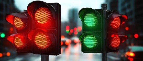 Close-up of two traffic lights at an urban intersection with one showing red and orange lights and the other showing green and red lights against a blurred city background with bokeh car lights