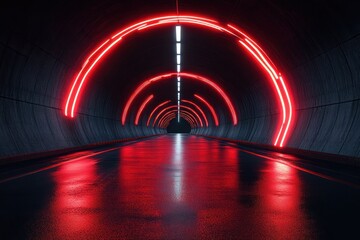 Wet tunnel with dark walls illuminated by red neon arc-shaped lights creating a futuristic and moody atmosphere