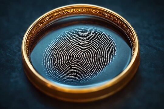 Close-up of a detailed fingerprint captured inside a round golden frame on a dark blue textured surface