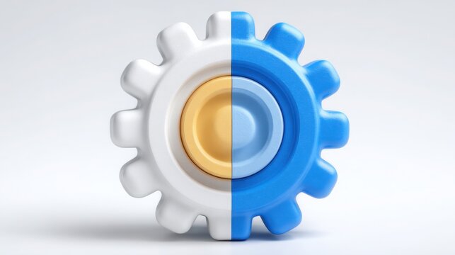 Blue and white gear wheel symbolizing token-behavioral fib synchronization engine icon concept in design