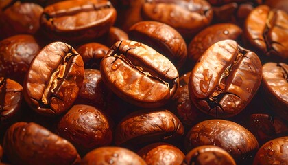 Close-up view of wet, rich brown coffee beans, highlighting their texture and glistening surfaces.