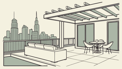 Obraz premium Modern city rooftop terrace with pergola, outdoor furniture, and skyline view illustration