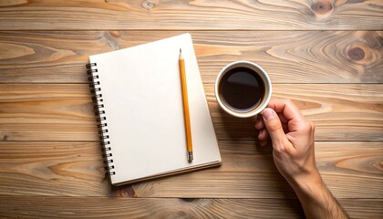 A hand holding a coffee cup next to a notepad and pencil on a wooden table