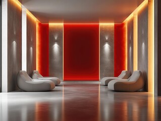 Modern minimalist waiting area with six curved white lounge chairs arranged along walls featuring vertical orange backlit panels and smooth polished floor