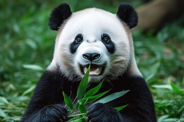 Obraz premium close-up of a giant panda holding and eating fresh green bamboo leaves in a natural green habitat