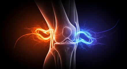Abstract 3D Rendering of Human Knee Joint with Fiery Orange and Electric Blue Energy Bursts