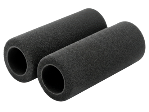 Two soft black foam grips for motorcycle handlebars on a transparent background