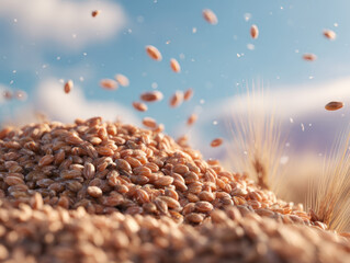 Golden grains scattering in a sunny field with blue sky and gentle clouds highlighting the abundance of nature's harvest and agricultural beauty, capturing organic freshness.