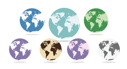 Set of colorful flat world maps in circular frames, modern vector illustration for travel, infographic, and educational purposes.