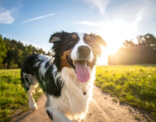 A happy dog running in a field at sunset