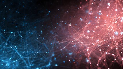 Obraz premium Abstract digital network with blue and red glowing lines and nodes on dark black background
