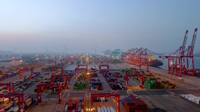 Aerial view of the cargo terminal of Tianjin Port at dusk