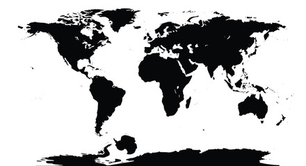 Black filled world map with sharp borders, flat vector illustration for geography, navigation, international studies, and global references.