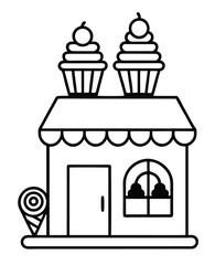 Obraz premium Black and white line art of a cute cupcake shop with sweets