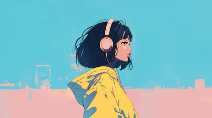 ヘッドフォンをして歩く若い女性の横顔