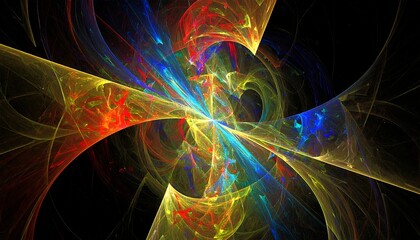 Vibrant, swirling fractal pattern with radiating lines of light, creating a dynamic and colorful composition against a black background
