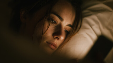 Young woman resting on bed while looking intently at smartphone screen in soft, warm lighting, surrounded by cozy pillows and blankets, reflecting a quiet moment of contemplation.