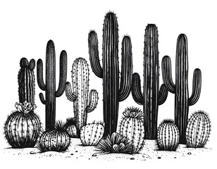 Detailed black and white illustration of various desert cacti in a desert landscape.