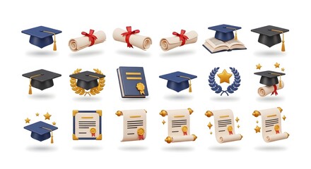 Graduation Cap and Diploma Icons Set for Academic Achievement and Education.