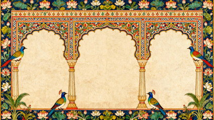 Ornate Mughal Pichwai Arch Garden Border Frame with Detailed Birds, Traditional Plants, and Lotus Flowers in Vibrant Decorative Pattern