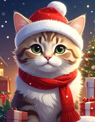 Cute Christmas Cat with Santa Hat.
