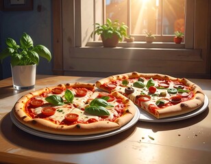 Two delicious pizzas, topped with fresh tomatoes, mozzarella, and basil, sit on a light wooden table by a sunny window.