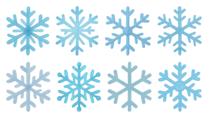 PNG Eight unique blue snowflakes, element set on transparent background
