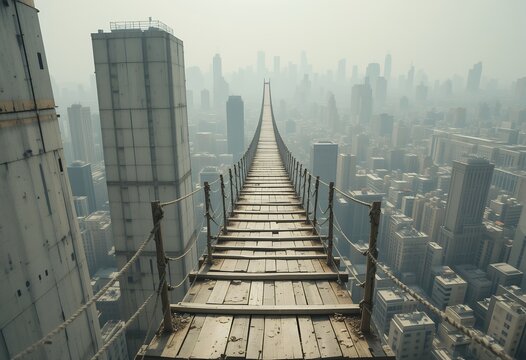 Long narrow wooden suspension bridge stretching high above dense urban cityscape in foggy weather