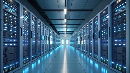 Rows of servers in data center with glowing lights suitable for technology, cybersecurity, data storage, server maintenance, networking concepts.