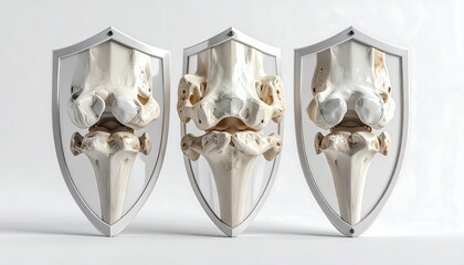 Three detailed anatomical knee joint models displayed in protective shield-shaped frames against a plain white background.