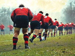 Group of rugby players in red jerseys running on grass field during foggy weather, focusing on player holding rugby ball while others follow in line