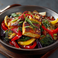 Stir fried tofu with colorful vegetables including red and yellow bell peppers, broccoli, and onions, garnished with sesame seeds and green onions, served in dark bowl
