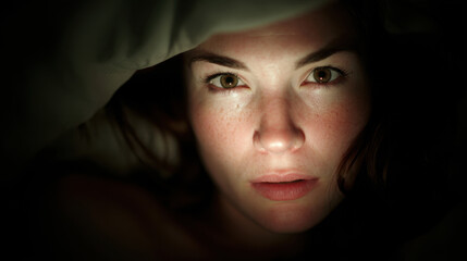 Intense gaze of a woman lying under soft sheets illuminated by gentle light creating a dramatic effect on her facial features and captivating expression.