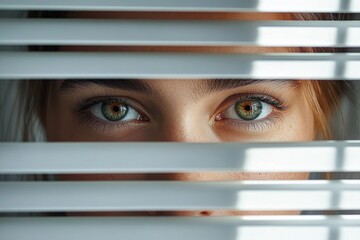 Close-up of green eyes peeking through white window blinds conveying curiosity and subtle intrigue