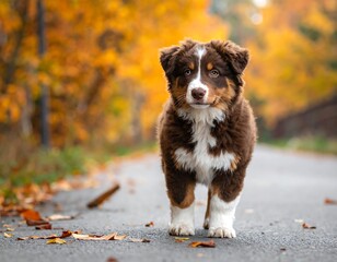 A charming puppy, colored brown and white, stands on a paved path, surrounded by vibrant autumn foliage.
