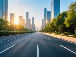 Wide urban highway stretching toward a modern city skyline at sunrise