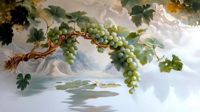 Grapevine branch with clusters of green grapes over a tranquil lake scene.