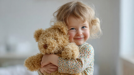 joyful little girl holds plush teddy bear gift radiating happiness and warmth
